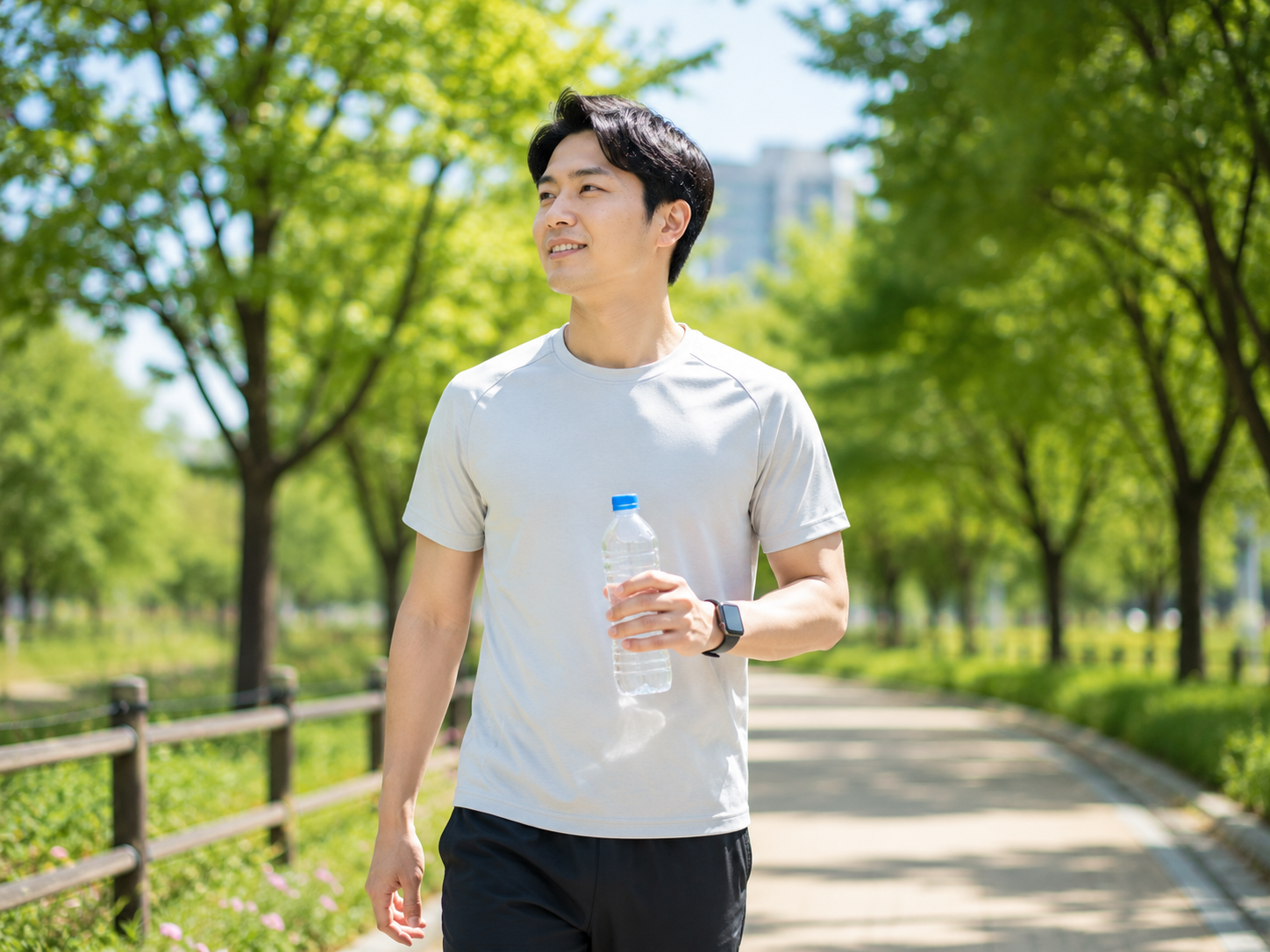 물을 마시고 가벼운 산책을 하며 장 건강을 관리하는 모습