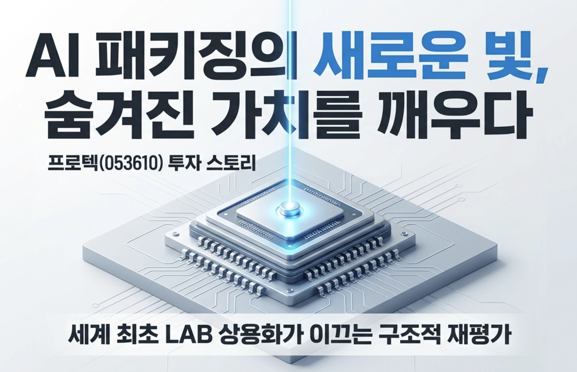 프로텍 주가 전망: 프로텍(053610)이 세계 최초로 상용화한 레이저 본더(LAB)로 AI 칩 패키징 시장에 진입하며 숨겨진 가치를 재평가받는 과정을 표현한 대표 이미지. 반도체 칩에 레이저가 조사되는 모습과 함께 '프로텍 투자 스토리', 'AI 패키징의 새로운 빛'이라는 문구가 담겨 있으며, 프로텍 주가 전망과 후공정 장비 본업 경쟁력을 다룬 블로그 글의 핵심을 시각적으로 전달함