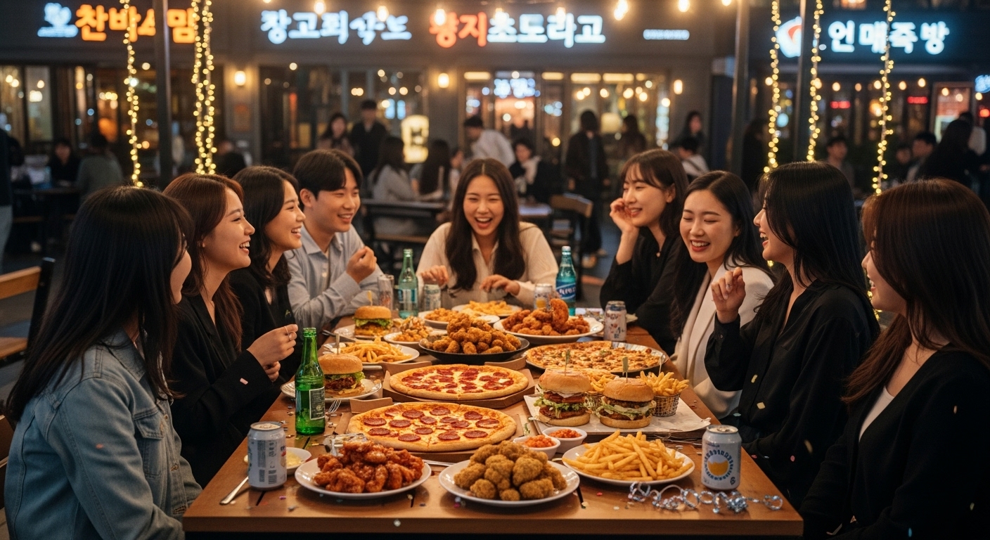 수능 후 친구들과 함께 야외에서 피자, 치킨, 햄버거 등 맛있는 음식을 즐기며 즐거운 시간을 보내는 한국 수험생들.