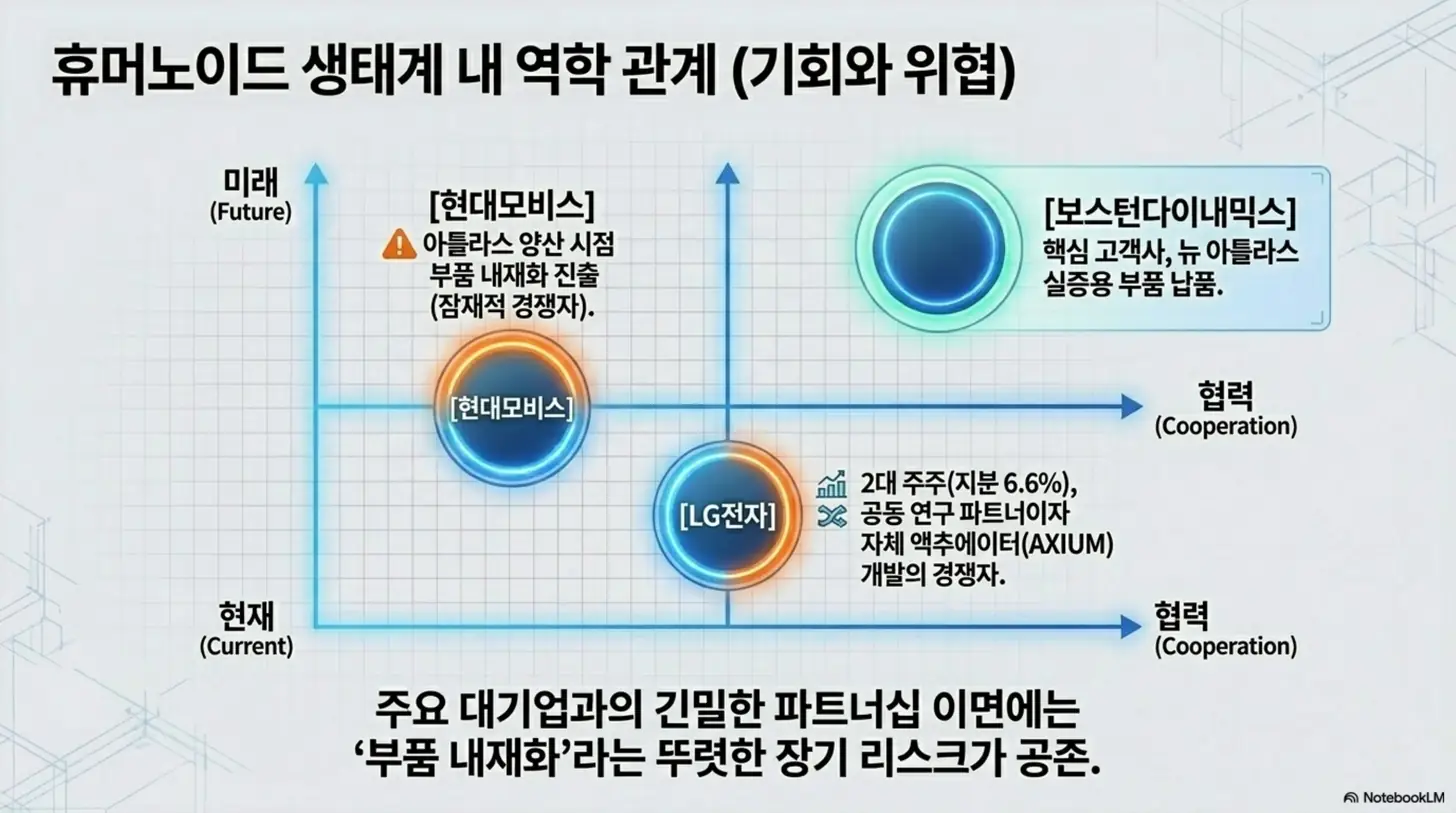 로보티즈 주가 전망: 로보티즈를 둘러싼 보스턴다이내믹스, 현대모비스, LG전자의 협력과 경쟁 관계를 사분면 도표로 표현한 이미지. 핵심 고객사와 2대 주주라는 기회 요인과 부품 내재화라는 장기 리스크가 공존하는 휴머노이드 생태계 내 역학 관계를 시각적으로 전달함