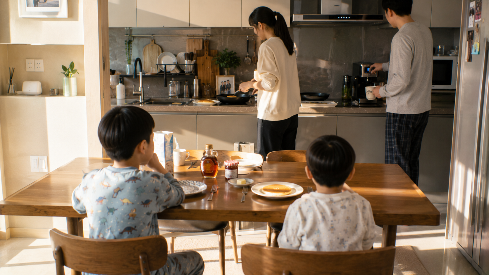 주말 아침 식탁에 모인 가족