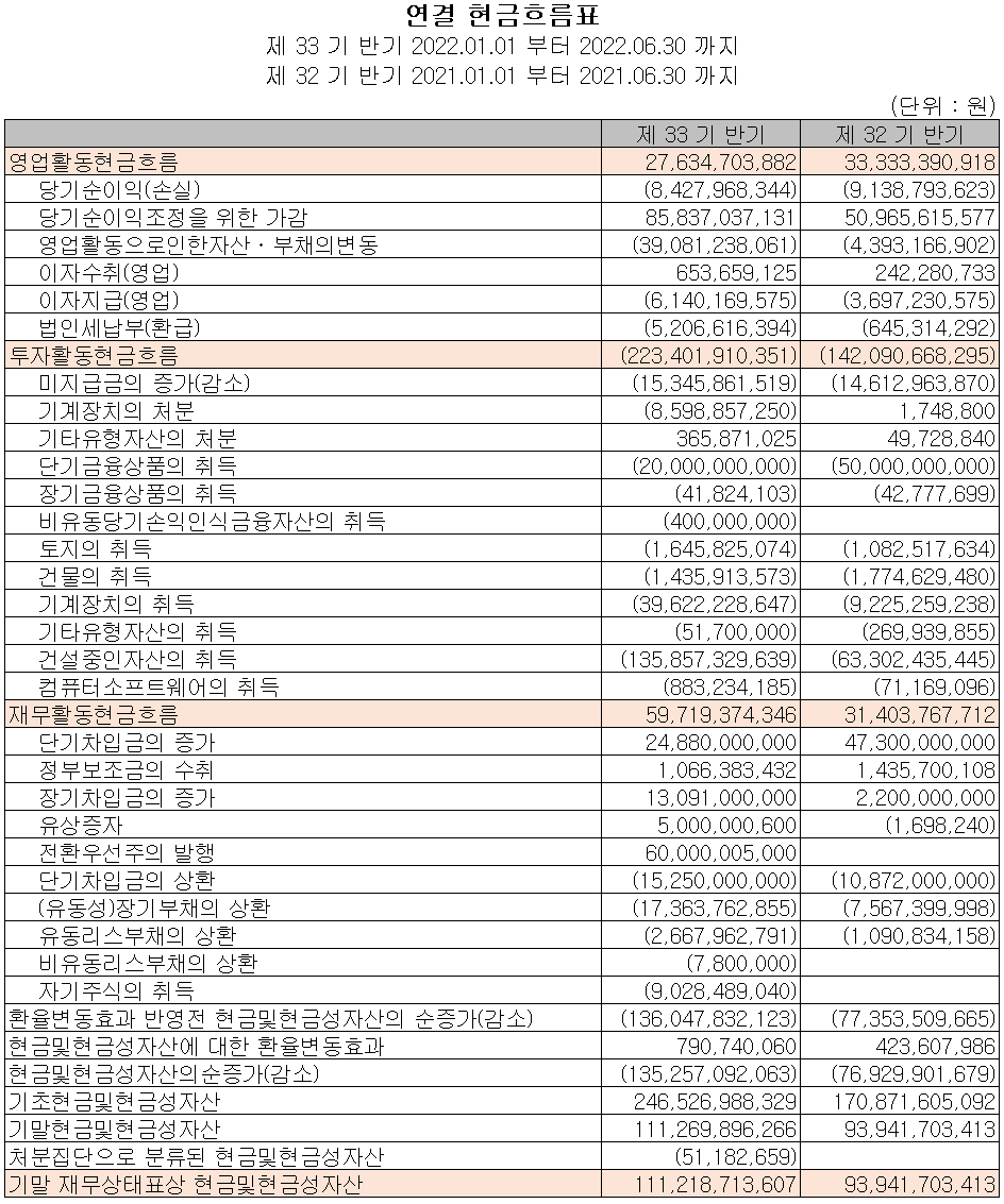 네패스 - 현금흐름표