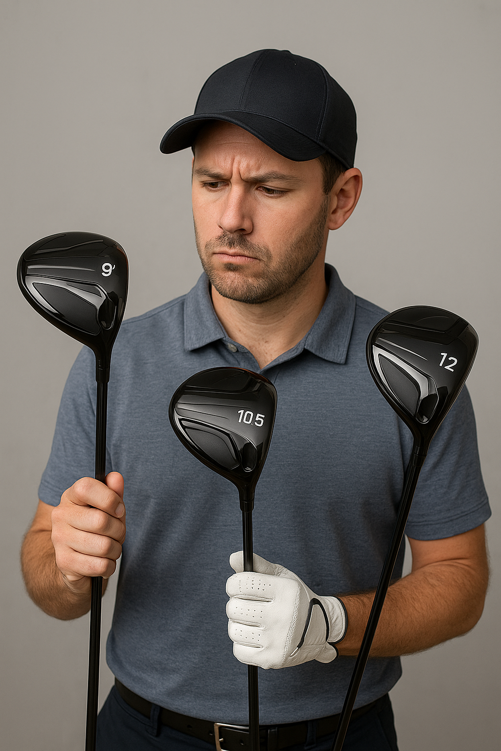 남자 골퍼 드라이버 로프트 9도 10.5도 12도 손에 들고 어느것으로 칠지 고민하는 모습