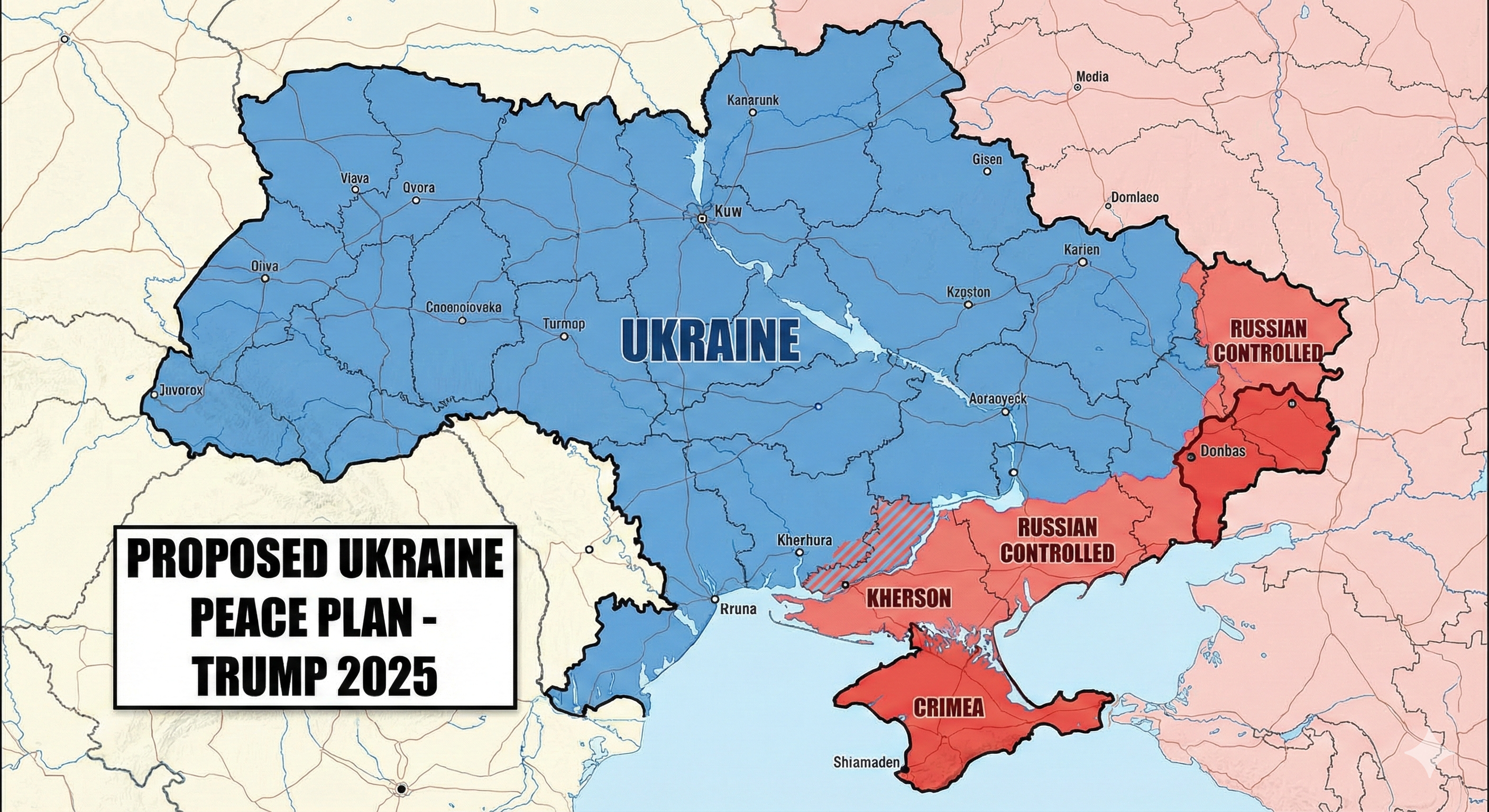 2025년 우크라이나 지도. 분쟁 지역인 돈바스, 크림반도, 헤르손, 자포리자 지역이 표시되어 트럼프 종전안의 핵심 영토 내용을 시각적으로 보여줍니다.