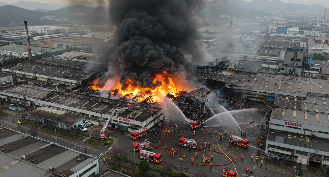 금호타이어 화재 진화 95% 달성, 생고무 20톤 소화 작업 지연