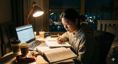 밤늦게까지 치열하게 공부하는 20대 젊은 여성의 이미지