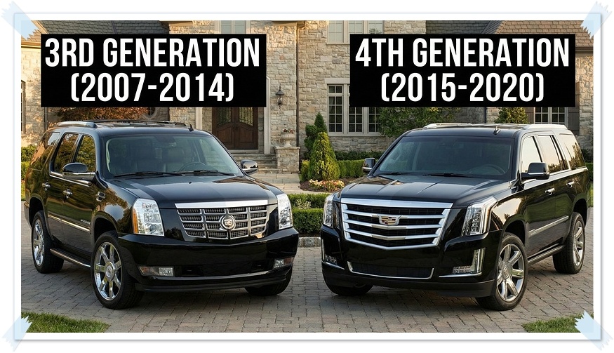 3세대와 4세대 캐딜락 에스컬레이드가 나란히 주차된 비교 사진