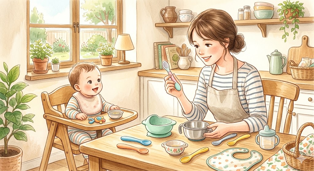 A mother carefully examining a silicone spoon at a kitchen table surrounded by various baby weaning bowls and utensils while a curious baby watches from a high chair.