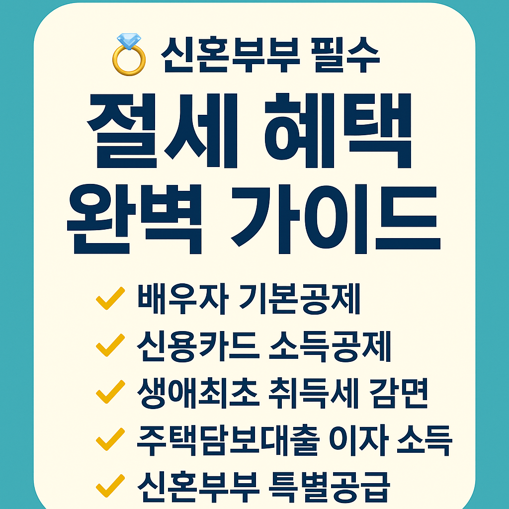 신혼부부 필수 절세 혜택 완벽 가이드라는 제목의 인포그래픽 이미지. 배우자 기본공제, 신용카드 소득공제, 생애최초 취득세 감면, 주택담보대출 이자 소득공제, 신혼부부 특별공급 등 5가지 핵심 혜택이 체크리스트 형식으로 정리된 디자인