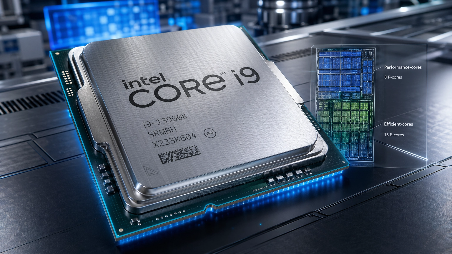 인텔(Intel) CPU의 정밀 시각화 이미지입니다. 최신 플래그십 모델인 Core i9 프로세서를 기반으로 제작되었습니다.
이미지 주요 특징:
정밀한 외관 묘사: 브러시드 메탈 질감의 통합 히트 스프레더(IHS)와 정교하게 레이저 각인된 로고 및 모델명을 사실적으로 표현했습니다.
하이브리드 아키텍처 시각화: 우측의 홀로그램 오버레이를 통해 인텔의 혁신적인 하이브리드 아키텍처인 P-코어(Performance-cores)와 E-코어(Efficient-cores)의 배치를 시각적으로 보여줍니다.
고밀도 회로 설계: CPU 패키지 하단의 정밀한 소자들과 내부 실리콘 다이의 복잡한 회로 구조를 디테일하게 묘사하여 압도적인 성능을 강조했습니다.
프리미엄 산업 디자인: 최첨단 반도체 연구소 분위기의 배경과 시네마틱한 조명을 사용하여 인텔 CPU의 기술적 위상을 표현했습니다.