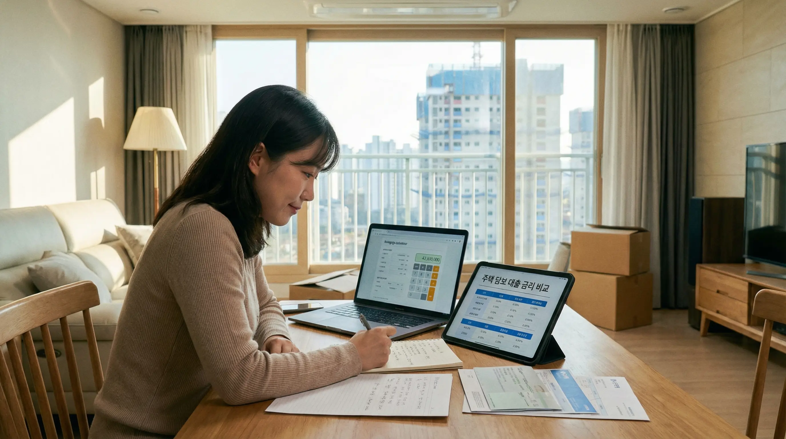 생애 첫 주택 마련의 꿈을 이루기 위해 대출 한도와 금리를 꼼꼼히 체크하는 예비 집주인의 모습
