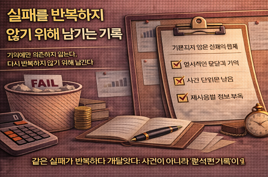 블로그 운영 실패가 기억에만 의존해 반복되는 문제를 보여주는 이미지, 기록되지 않은 판단과 일시적인 결론을 시각화한 장면