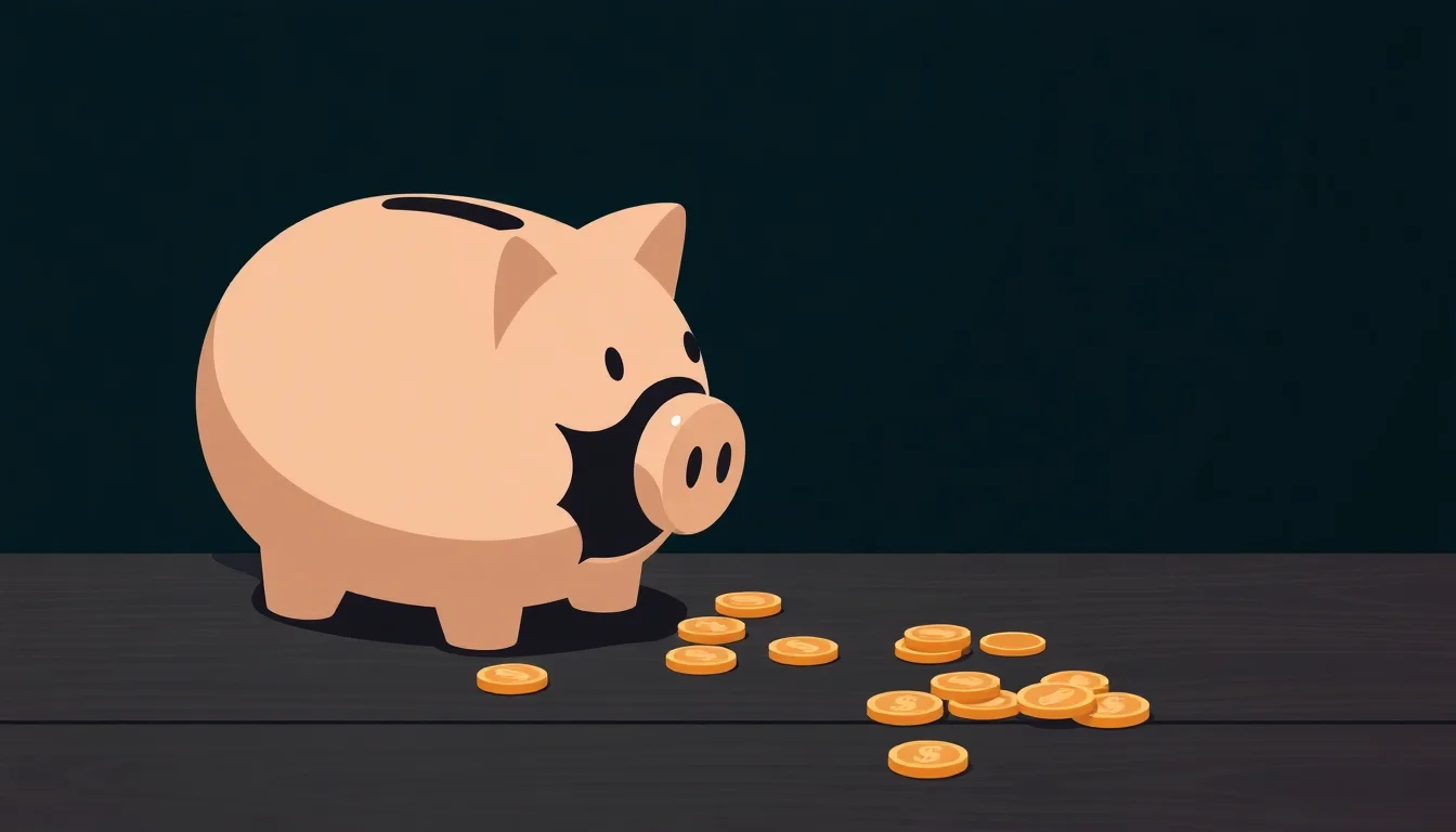 돼지 저금통 앞에 동전이 흩어져 있다.