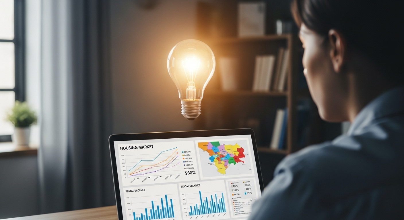 노트북으로 부동산 데이터를 분석하며 현명한 결정을 내리는 세입자의 모습