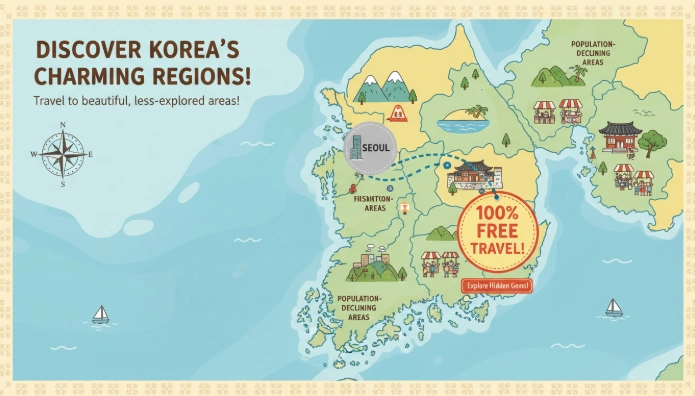 대한민국 지도 위에 인구감소지역들이 매력적인 아이콘으로 표시되어 있고, 기차 노선으로 연결되어 있는 모습. 지역 경제 활성화를 위한 여행 혜택을 시각적으로 보여줍니다.