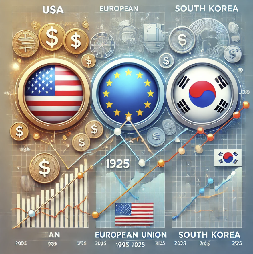 미국, 유럽, 한국의 금리 트렌드를 연상 시키는 이미지