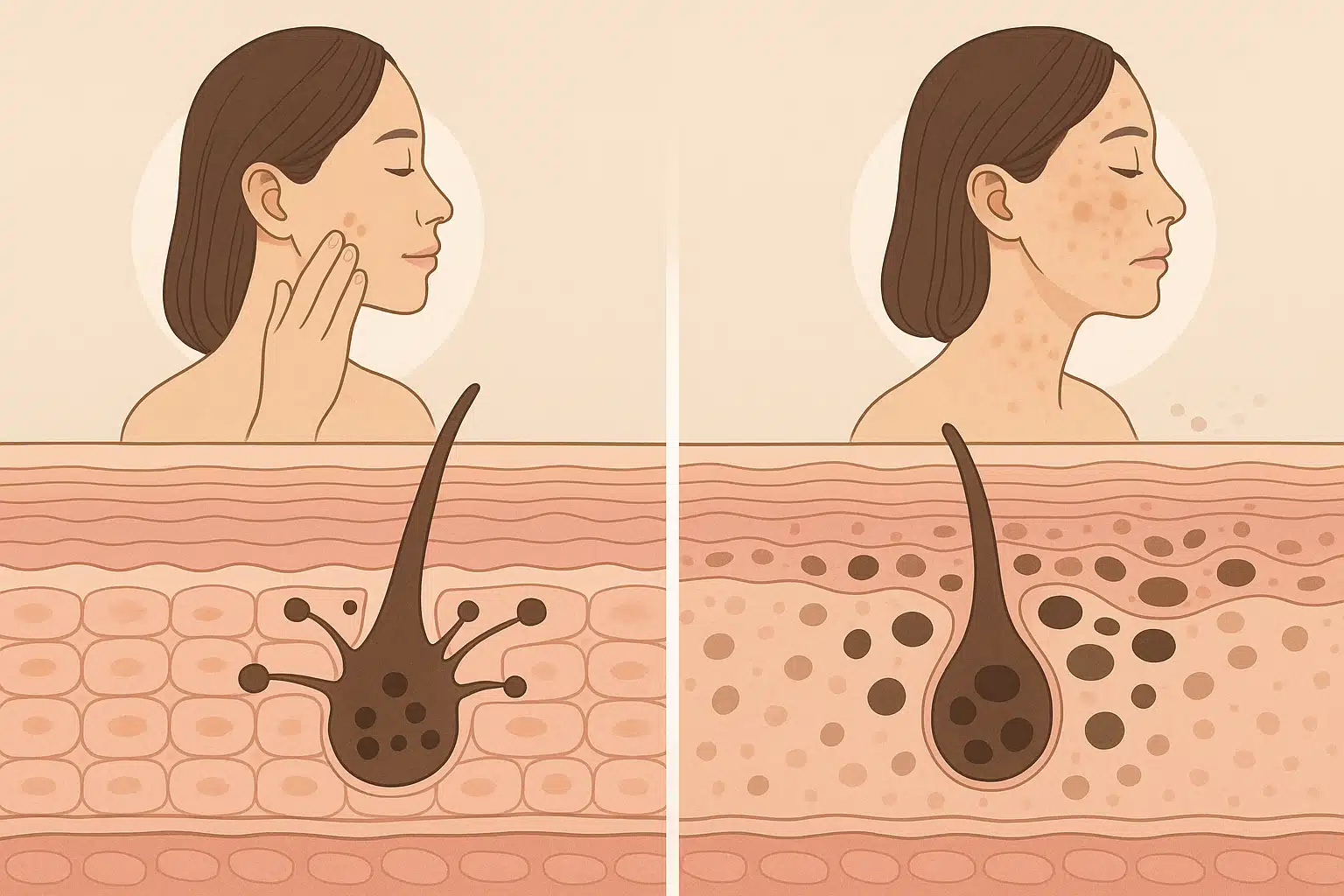 정상 멜라닌 세포와 노화된 멜라닌 세포 비교 그림 – 젊은 피부에서는 균일하게 멜라닌이 분비되고, 노화된 피부에서는 불규칙하게 분비되어 얼룩이 생기는 모습