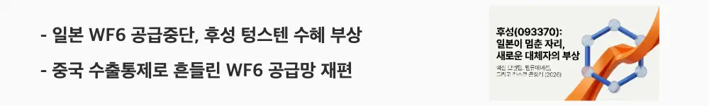 후성 주가 전망: ’일본 WF6 공급중단, 후성 텅스텐 수혜 부상’, ‘중국 수출통제로 흔들린 WF6 공급망 재편’이라는 문구가 포함된 웹배너 이미지. 이 이미지는 일본 육불화텅스텐 생산 중단과 후성의 대체 공급처 부상을 시각적으로 전달하며, 블로그의 후성 반도체 소재 모멘텀 분석과 관련된 내용을 설명함