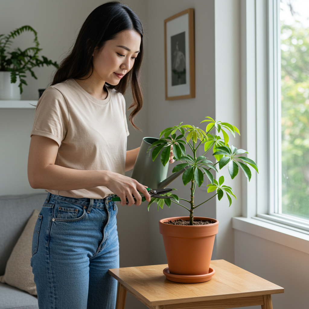 홍콩야자를 집에서 기르고 있는 여성
