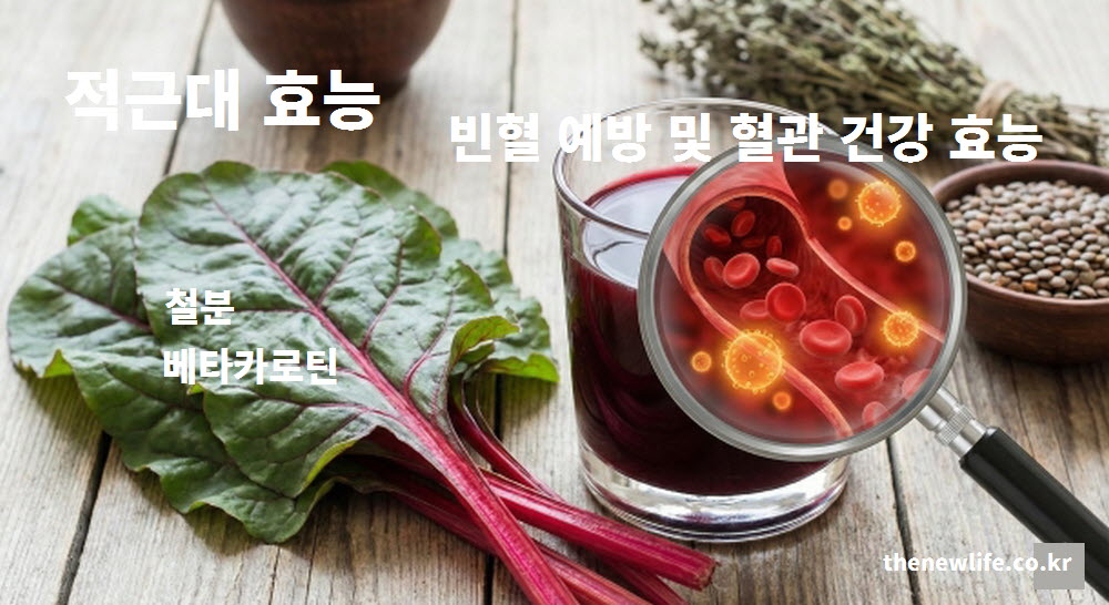 적근대의 주요 효능인 빈혈 예방과 혈관 건강 효과를 설명하는 이미지. 철분과 베타카로틴 성분 표시와 함께 혈관 속 적혈구의 모습을 그래픽으로 시각화