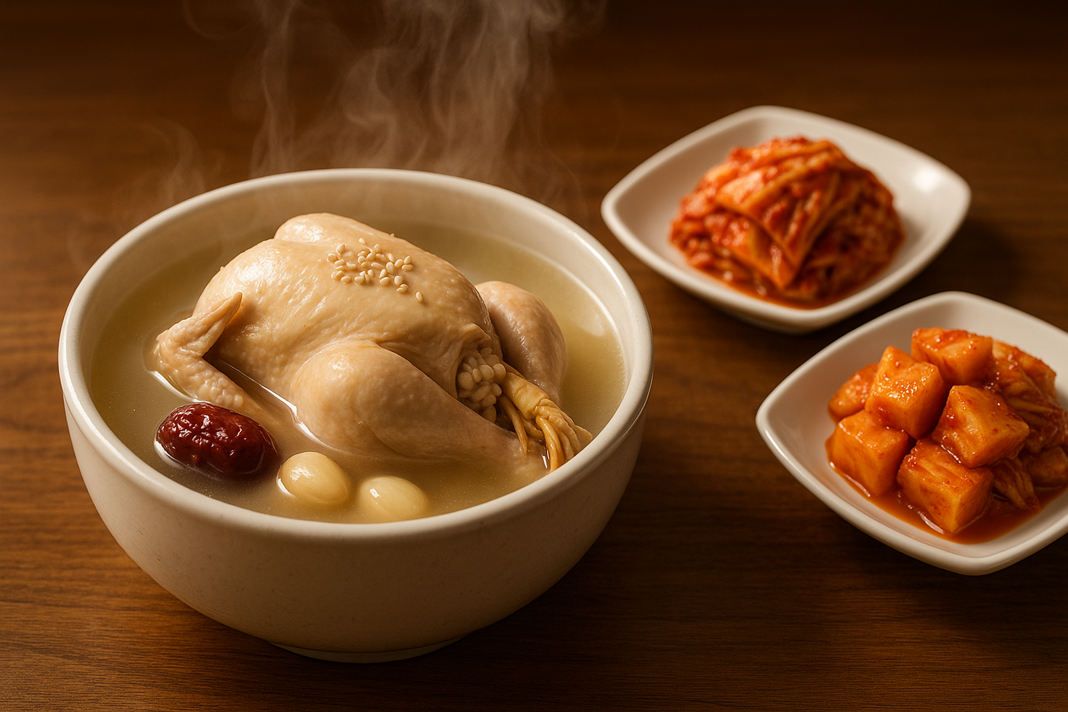 뜨거운 김이 올라오는 하얀 그릇에 담긴 삼계탕