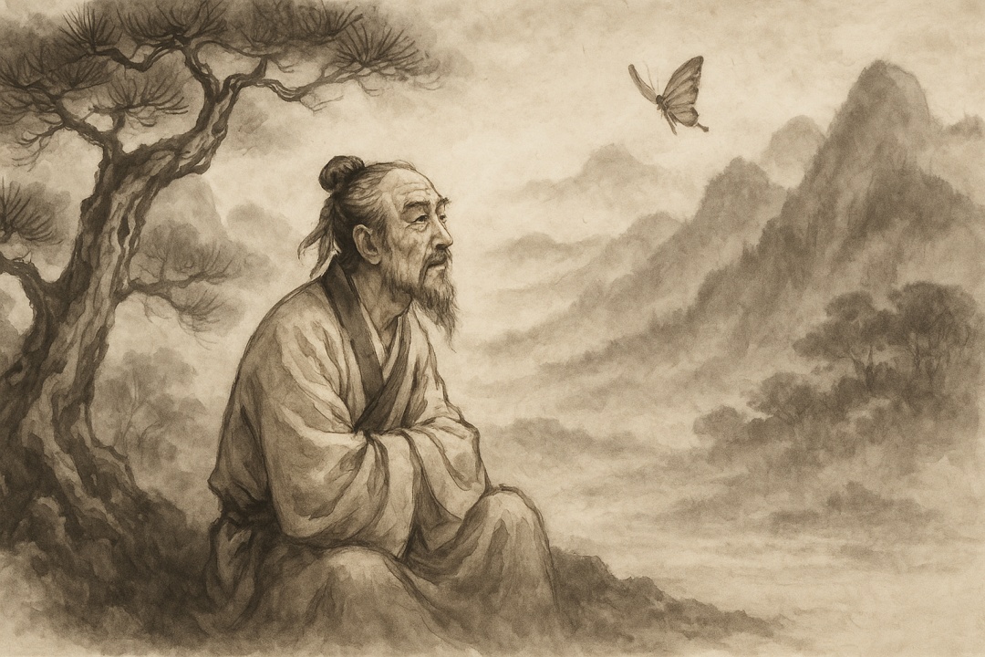 산수화 스타일의 그림으로, 구불구불한 소나무 아래에 앉은 노인이 먼 곳을 응시하며 떠오르는 나비를 바라보고 있다. 배경에는 안개 낀 산과 숲이 은은하게 펼쳐져 있어 꿈과 현실의 경계를 암시하는 분위기를 자아낸다.