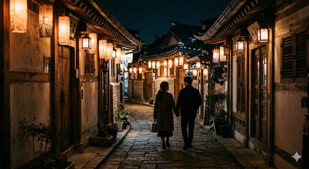 한옥마을 골목길에서 만나는 로맨틱한 밤 산책의 정취