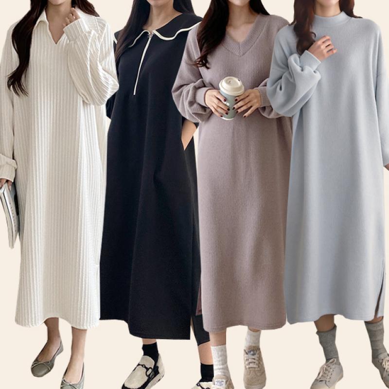 겨울 원피스 기모 루즈핏 셔츠 하객 카라 후드 니트 원피스 빅사이즈 롱 원피스 오피스룩