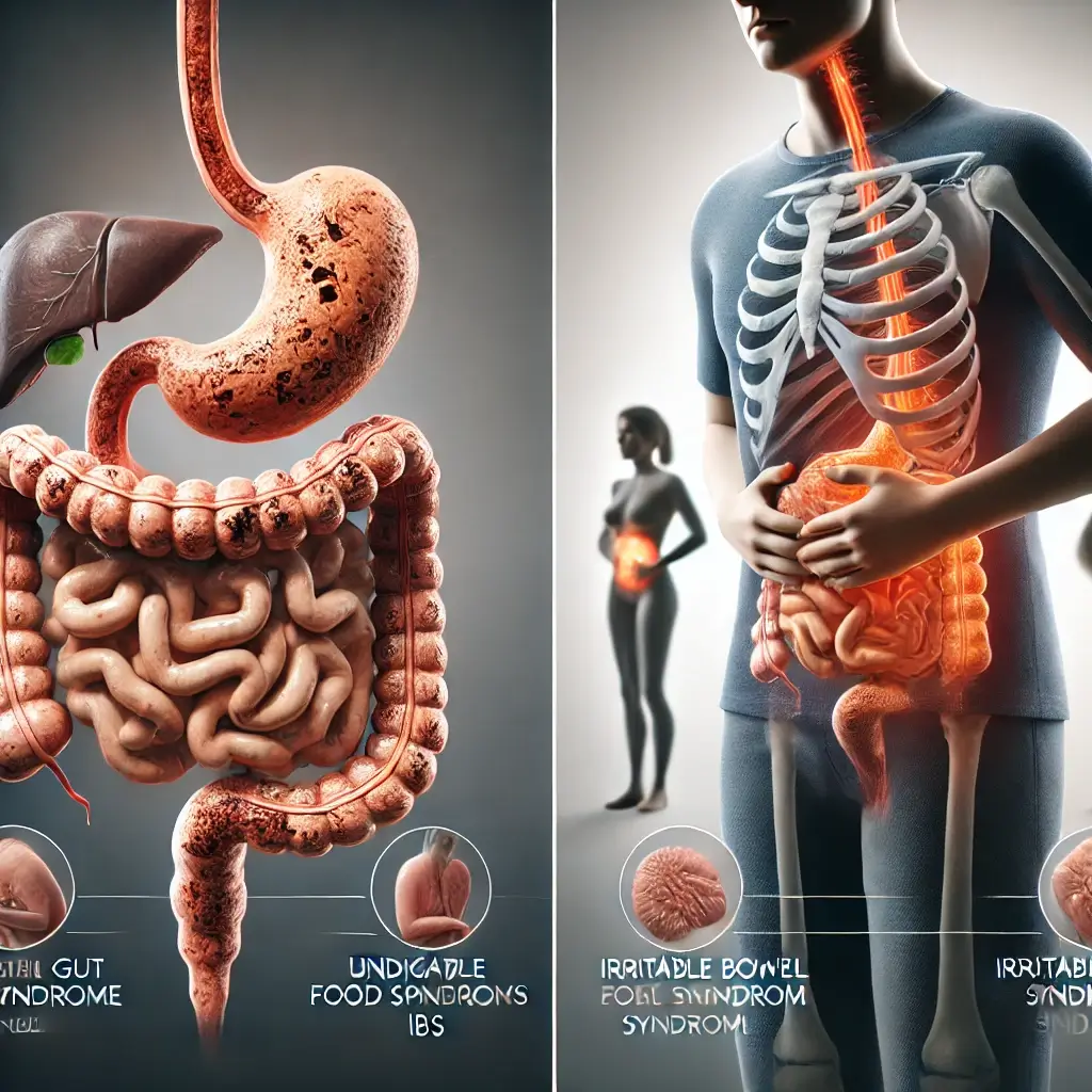 장누수 증후군(Leaky Gut Syndrome)과 과민성 대장 증후군(IBS)을 비교하는 의료 일러스트. 왼쪽에는 장누수 증후군을 나타내는 장 이미지로, 장벽이 손상되고 염증이 생긴 모습이 보이며, 독소와 음식 입자가 혈류로 유입되는 장면이 표현되어 있다. 오른쪽에는 과민성 대장 증후군을 설명하는 장이 있으며, 장의 과도한 연동 운동으로 인해 복부 팽만과 경련이 발생하는 모습이 강조된다. 배를 움켜쥐고 불편해하는 사람들이 배경에 배치되어 있다.