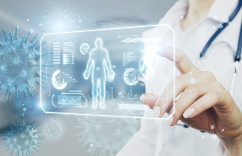 손으로 허공에 뜬 판독 영상을 터치하고 있는 의사