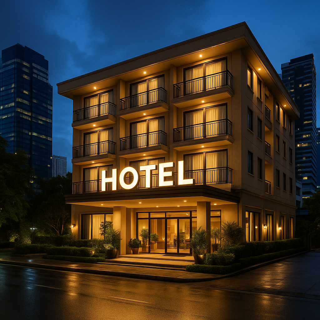 방콕 은퇴자와 장기 체류자를 위한 중급 호텔 외관, 야경에 어울리는 조용한 숙박 환경
