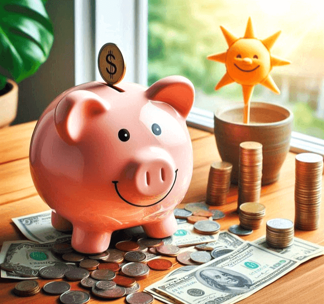 분홍색 돼지 저금통이 있고 바닥에는 달러 지폐들과 동전들이 있다.