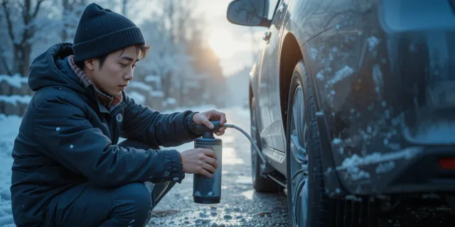 겨울 아침에 차량 타이어에 공기를 넣는 모습