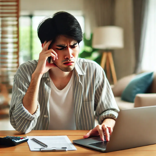 스마트폰을 확인하며 경계하는 표정의 젊은 동양 남성, 사이버 범죄 경계 심리 표현