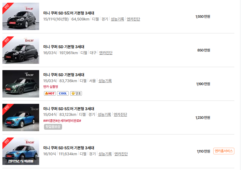 미니 쿠퍼 중고차 가격 시세표 연비