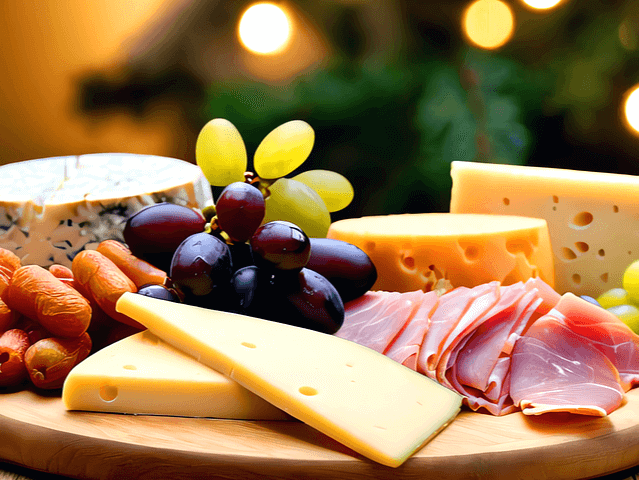 나무 도마 위에 치즈덩이들과 소시지, 베이컨, 거봉들이 가득하다.