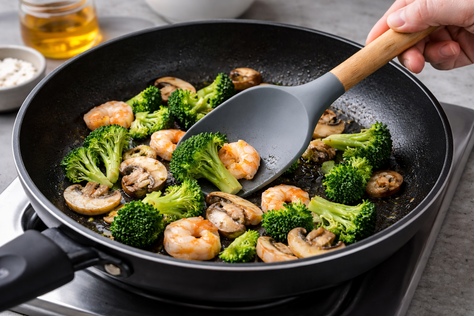 코팅 팬에 실리콘 조리도구를 사용하는 장면