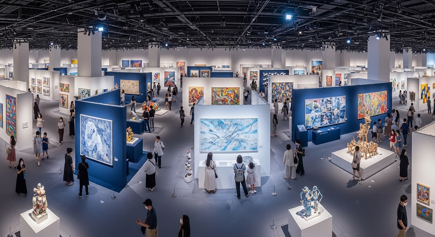 활기찬 송도컨벤시아 인천아트쇼 2025 전시장에서 다양한 현대 미술 작품을 감상하는 사람들