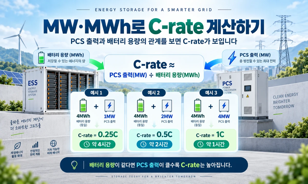 배터리 용량 MWh와 PCS 출력 MW를 이용해 ESS C-rate를 계산하는 방법과 예시