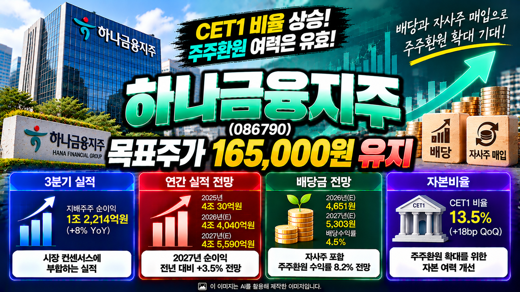 하나금융지주(086790) 주가 전망 및 기업분석, 목표주가 165,000원 유지, 3분기 순이익 1조 2,214억원, CET1 비율 13.5%와 2027년 배당금 5,303원 전망