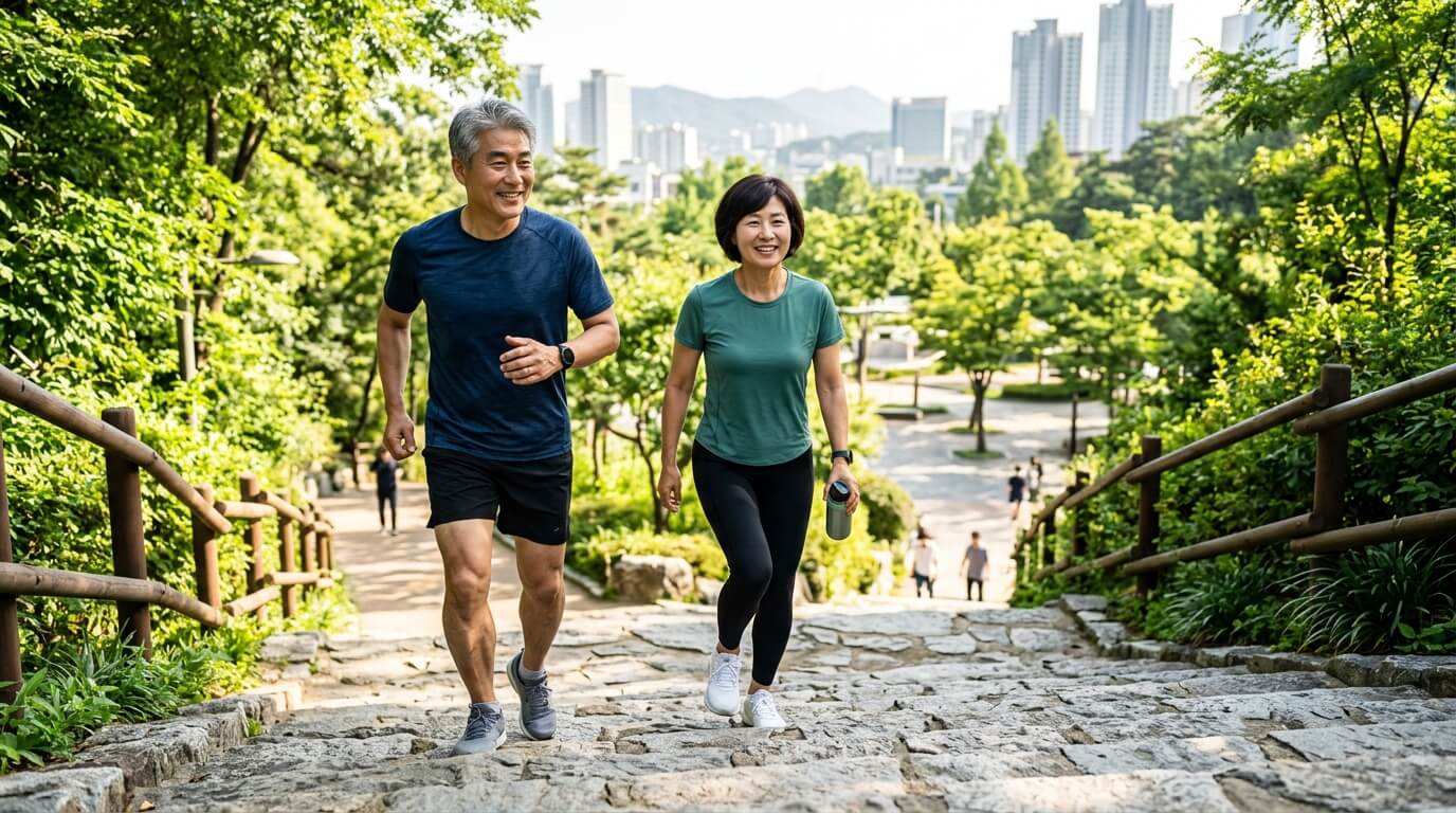 공원 계단을 오르며 운동하는 50대 중년 남녀의 하체 건강 관리 이미지