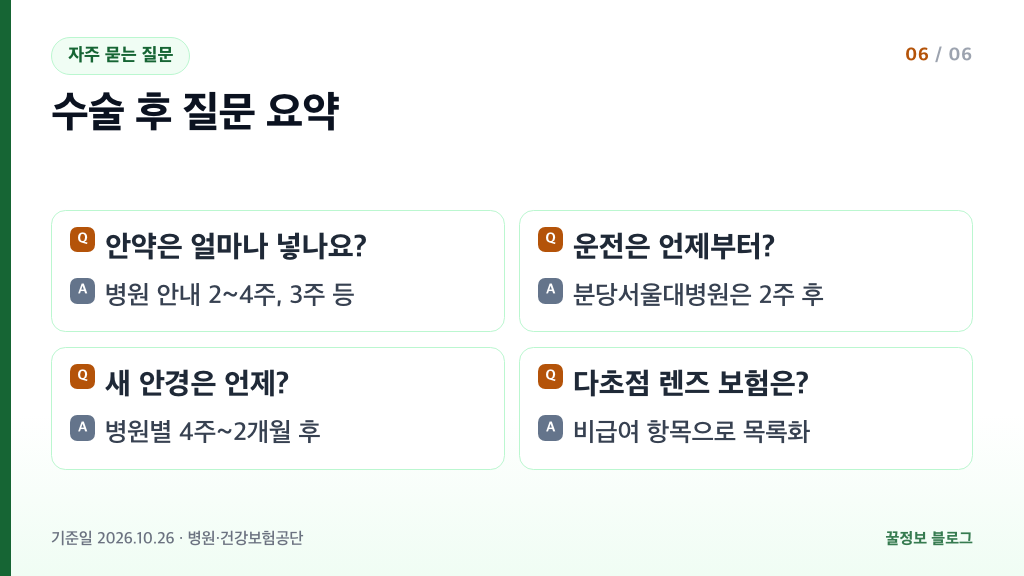 백내장 수술 후 자주 묻는 질문 요약 안약 기간 운전 시기 안경 처방 다초점 렌즈 비급여