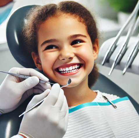 치과에서 행복하게 치료를 받고 있는 소녀