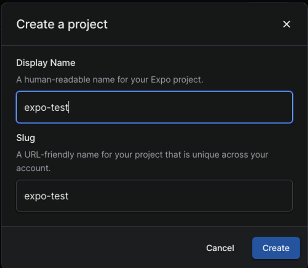 Expo 프로젝트 생성 시 Display Name 입력 화면