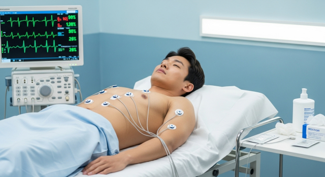 병원에서 심전도 검사 받는 남성