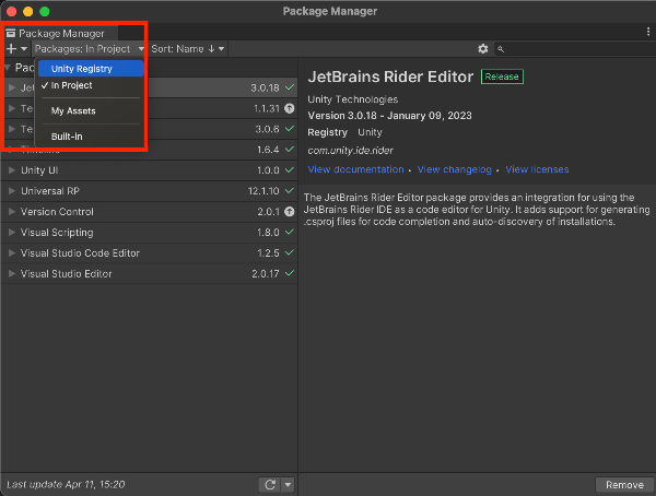 Unity Register에서 새로운 패키지 다운로드