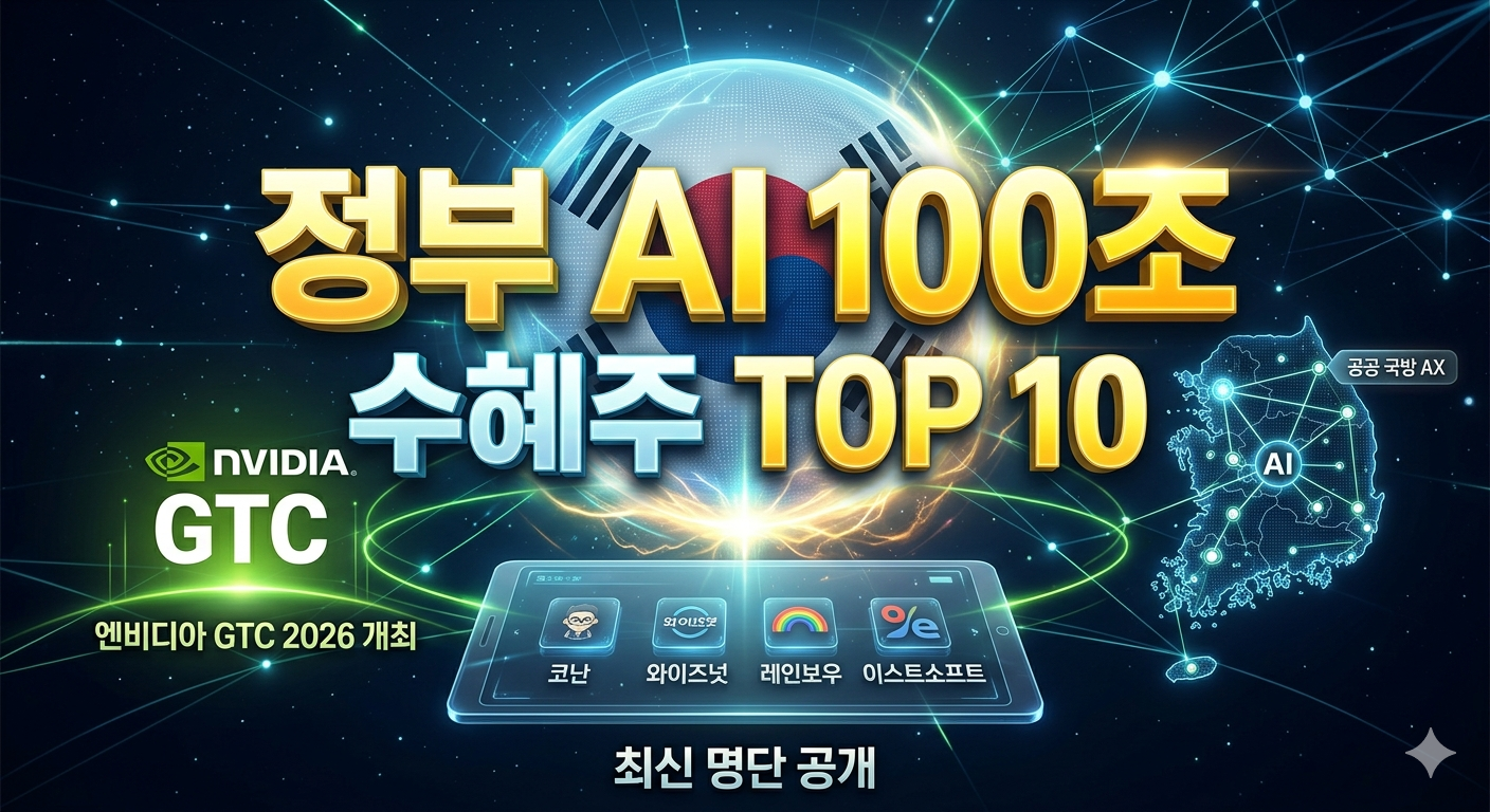 2026년 대한민국 정부의 AI 산업 100조 투자 로드맵과 엔비디아 GTC 2026 개최에 따른 국내 수혜주 TOP 10 종목 분석 및 전망 이미지