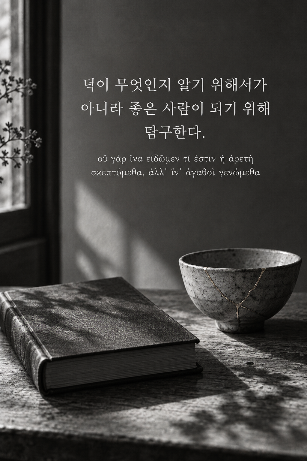아리스토텔레스 명언 17 — 덕이 무엇인지 알기 위해서가 아니라 좋은 사람이 되기 위해 탐구한다. — 흑백사진