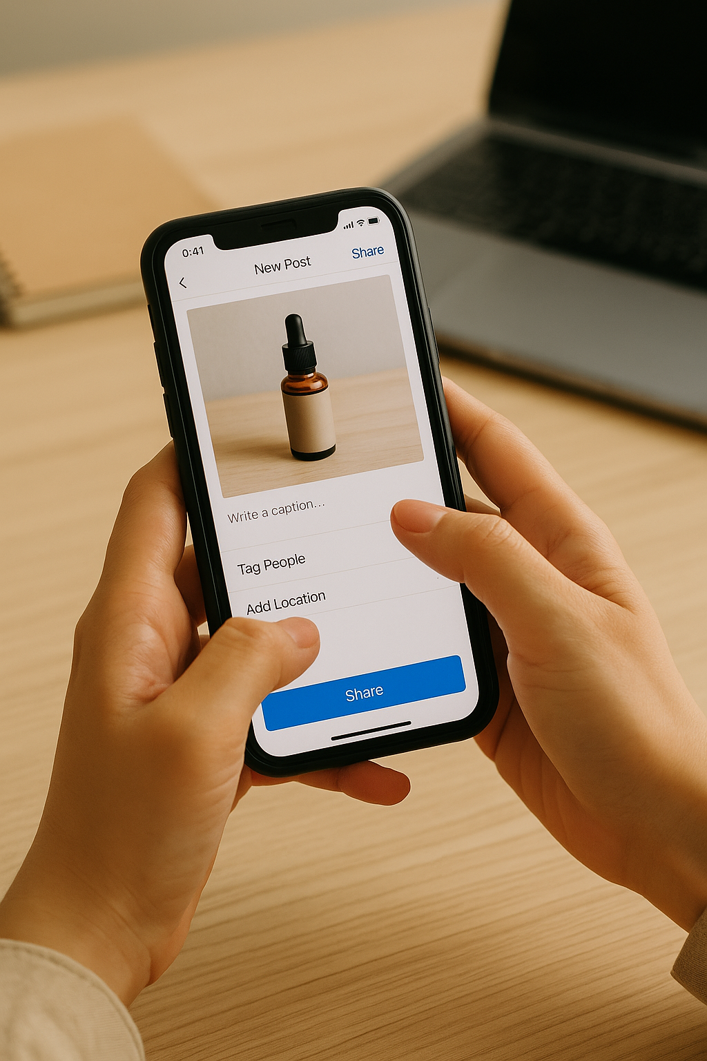 스마트폰을 들고 인스타그램에 상품 사진을 업로드 중인 사람의 모습
