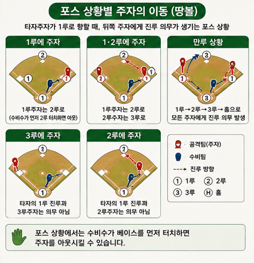 포스 상황별 주자의 이동 (땅볼)